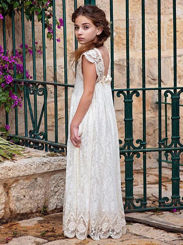 Ivory Jewel Neck Lace Short Sleeves Floor-Length A-Line Lace Kids Social Party Dresses