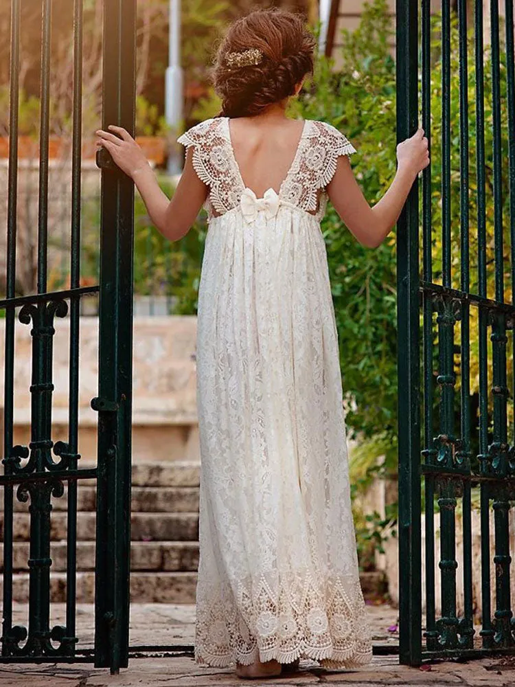 Ivory Jewel Neck Lace Short Sleeves Floor-Length A-Line Lace Kids Social Party Dresses