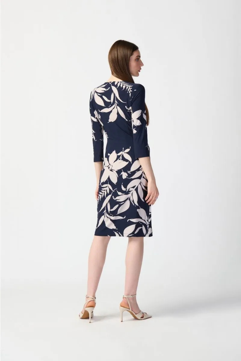 Joseph Ribkoff Midnight Blue/Beige Floral Print Faux Wrap Sheath Dress 241056