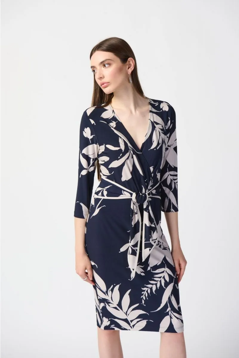 Joseph Ribkoff Midnight Blue/Beige Floral Print Faux Wrap Sheath Dress 241056