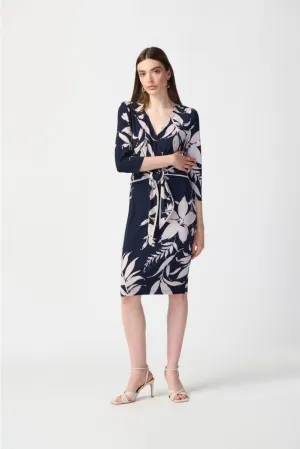 Joseph Ribkoff Midnight Blue/Beige Floral Print Faux Wrap Sheath Dress 241056