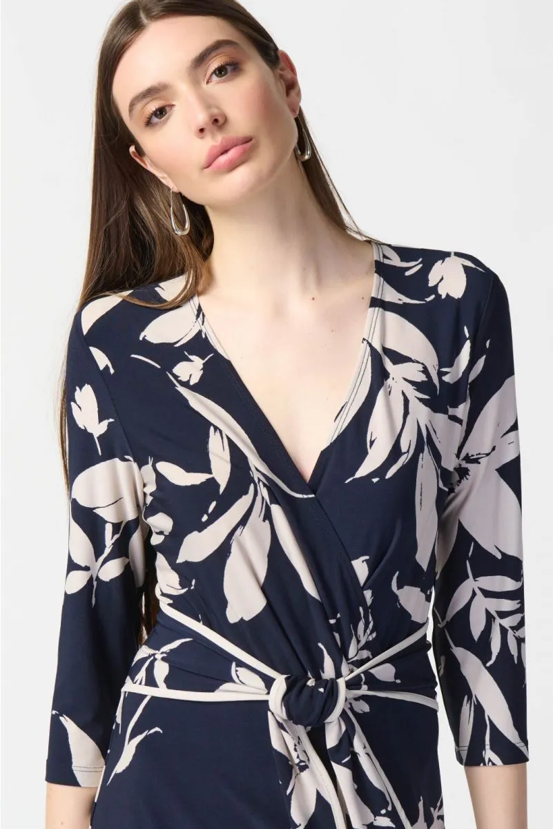 Joseph Ribkoff Midnight Blue/Beige Floral Print Faux Wrap Sheath Dress 241056