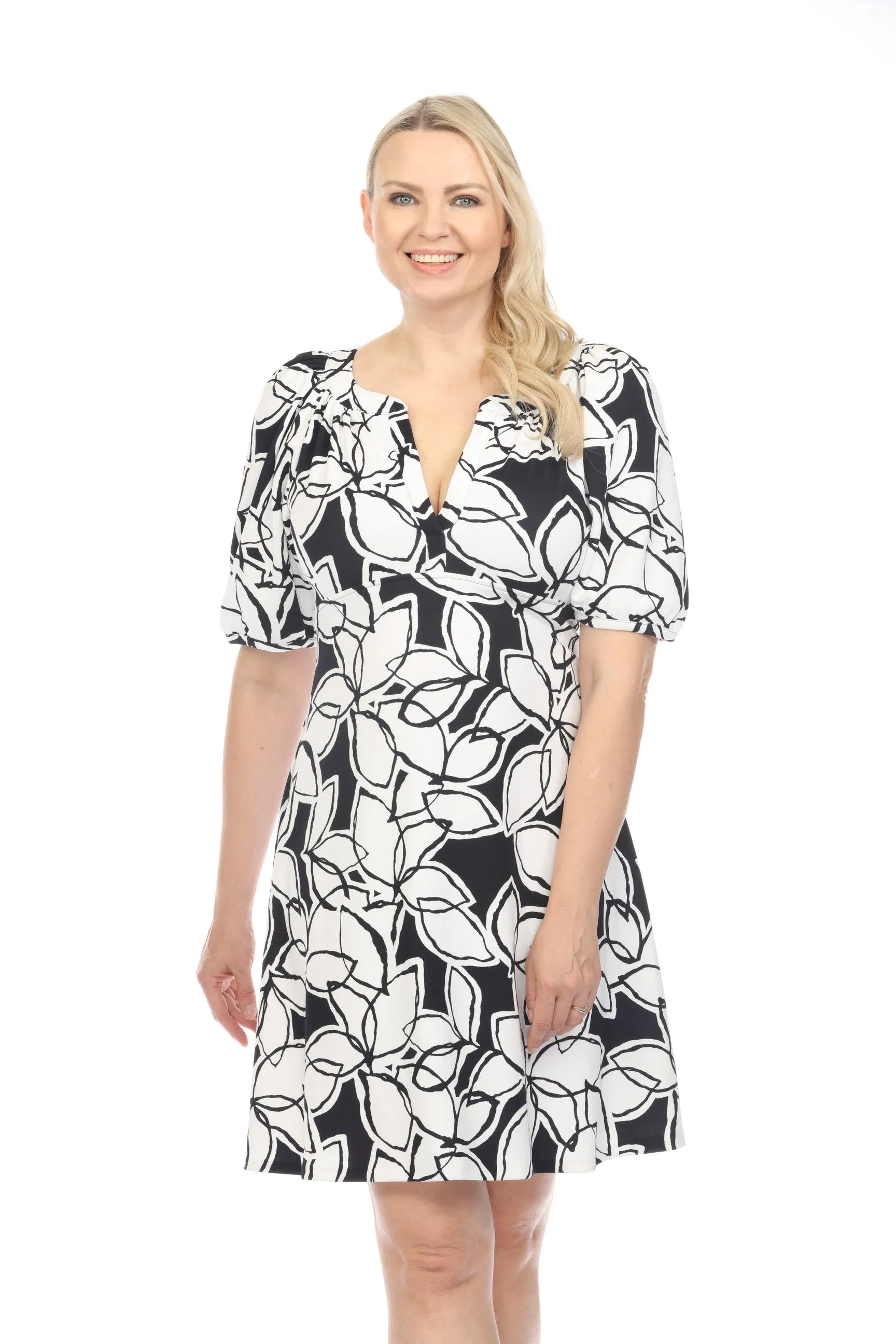 Joseph Ribkoff Midnight Blue/Vanilla Floral Print Puff Sleeve A-Line Dress 241006