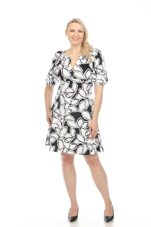 Joseph Ribkoff Midnight Blue/Vanilla Floral Print Puff Sleeve A-Line Dress 241006