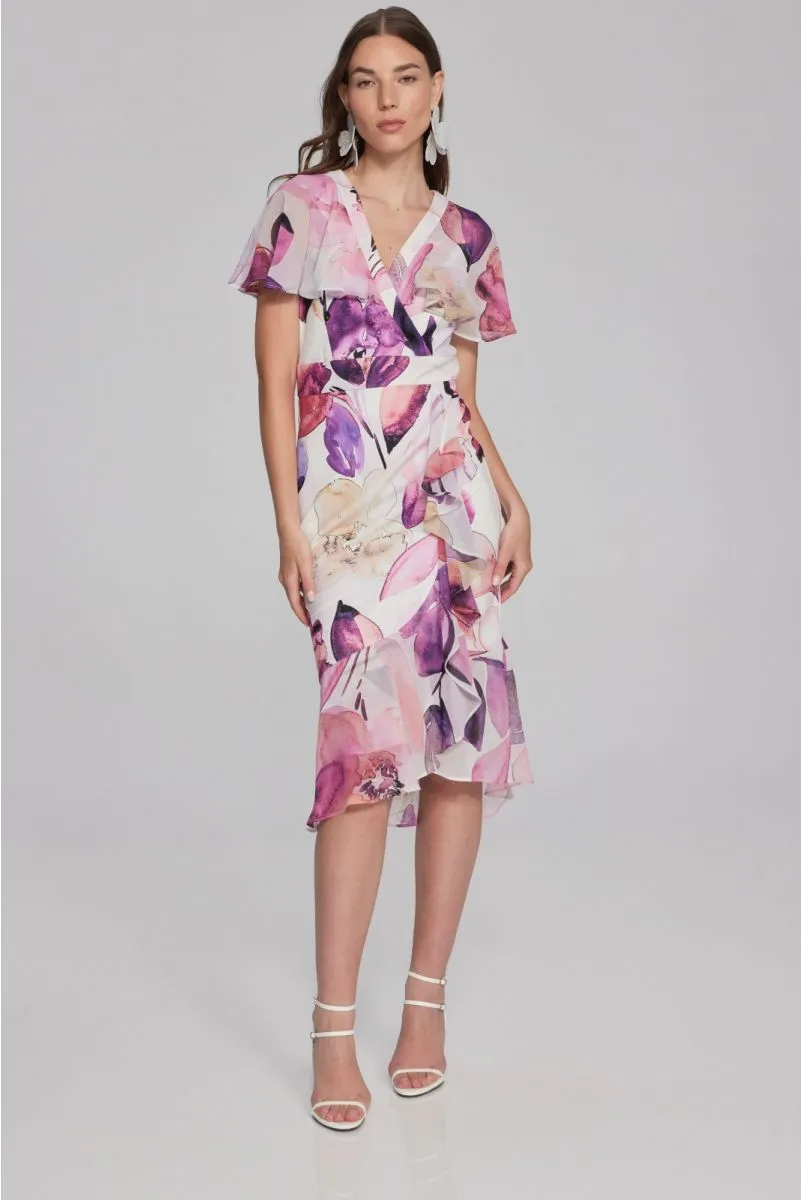 Joseph Ribkoff Vanilla/Multi Floral Print Ruffled Faux Wrap Trumpet Dress 241732