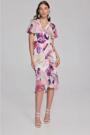 Joseph Ribkoff Vanilla/Multi Floral Print Ruffled Faux Wrap Trumpet Dress 241732