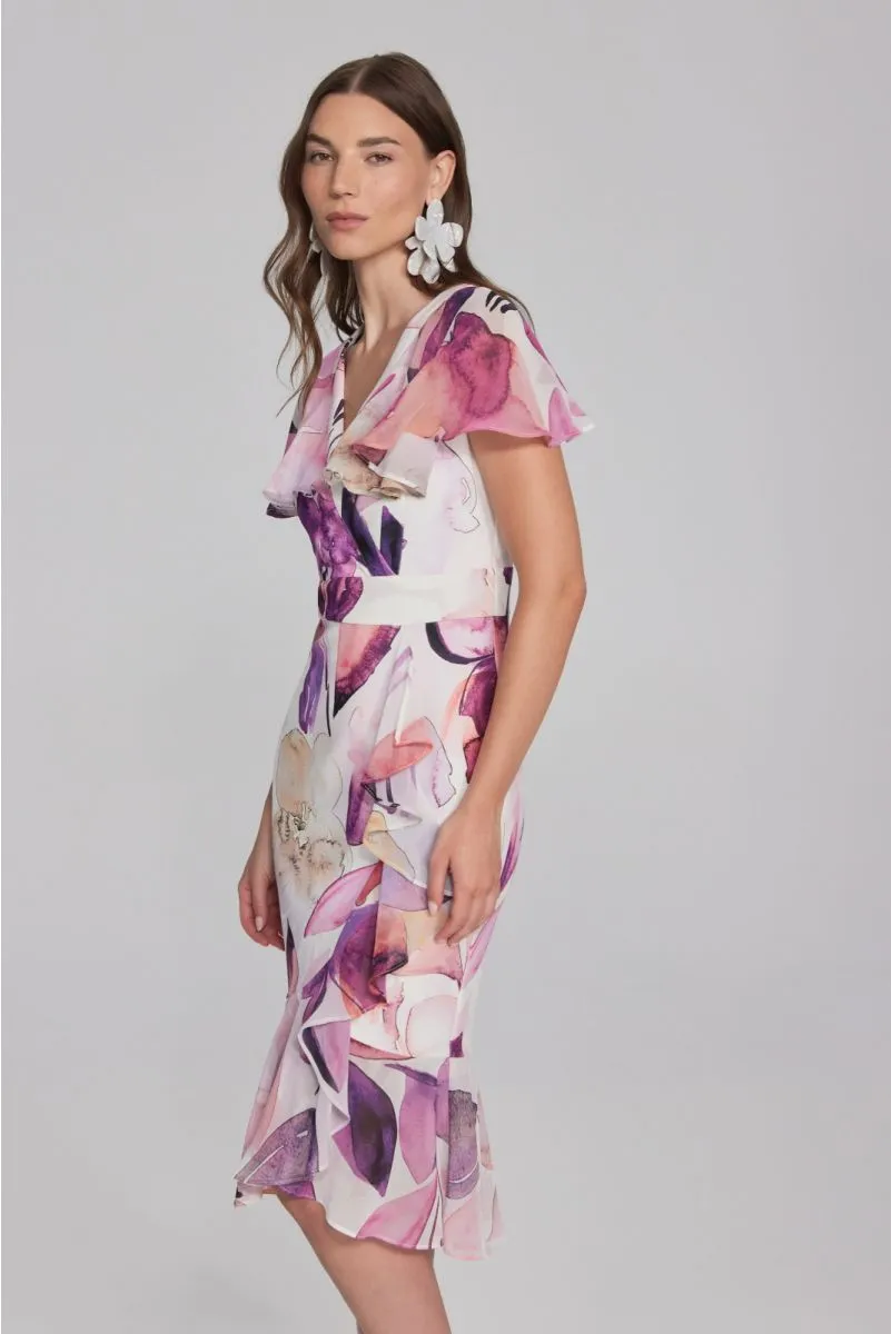 Joseph Ribkoff Vanilla/Multi Floral Print Ruffled Faux Wrap Trumpet Dress 241732