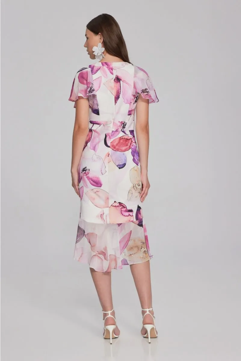 Joseph Ribkoff Vanilla/Multi Floral Print Ruffled Faux Wrap Trumpet Dress 241732