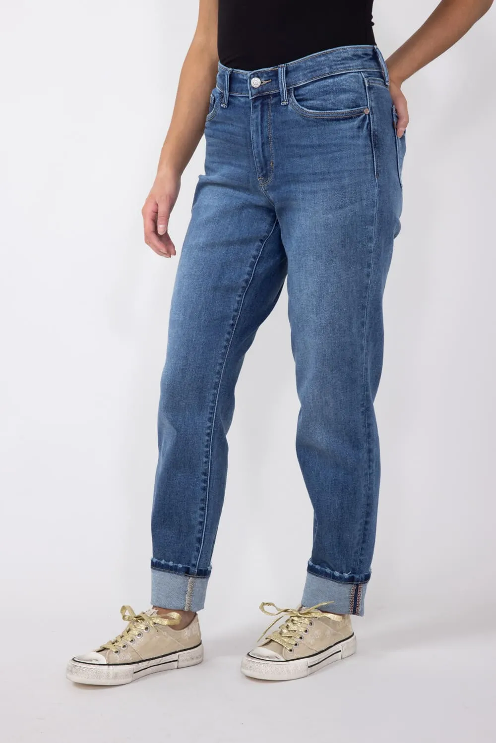 Judy Blue Mid-Rise Dark Wash Cuffed Boyfriend Jeans for Women | 82624REG