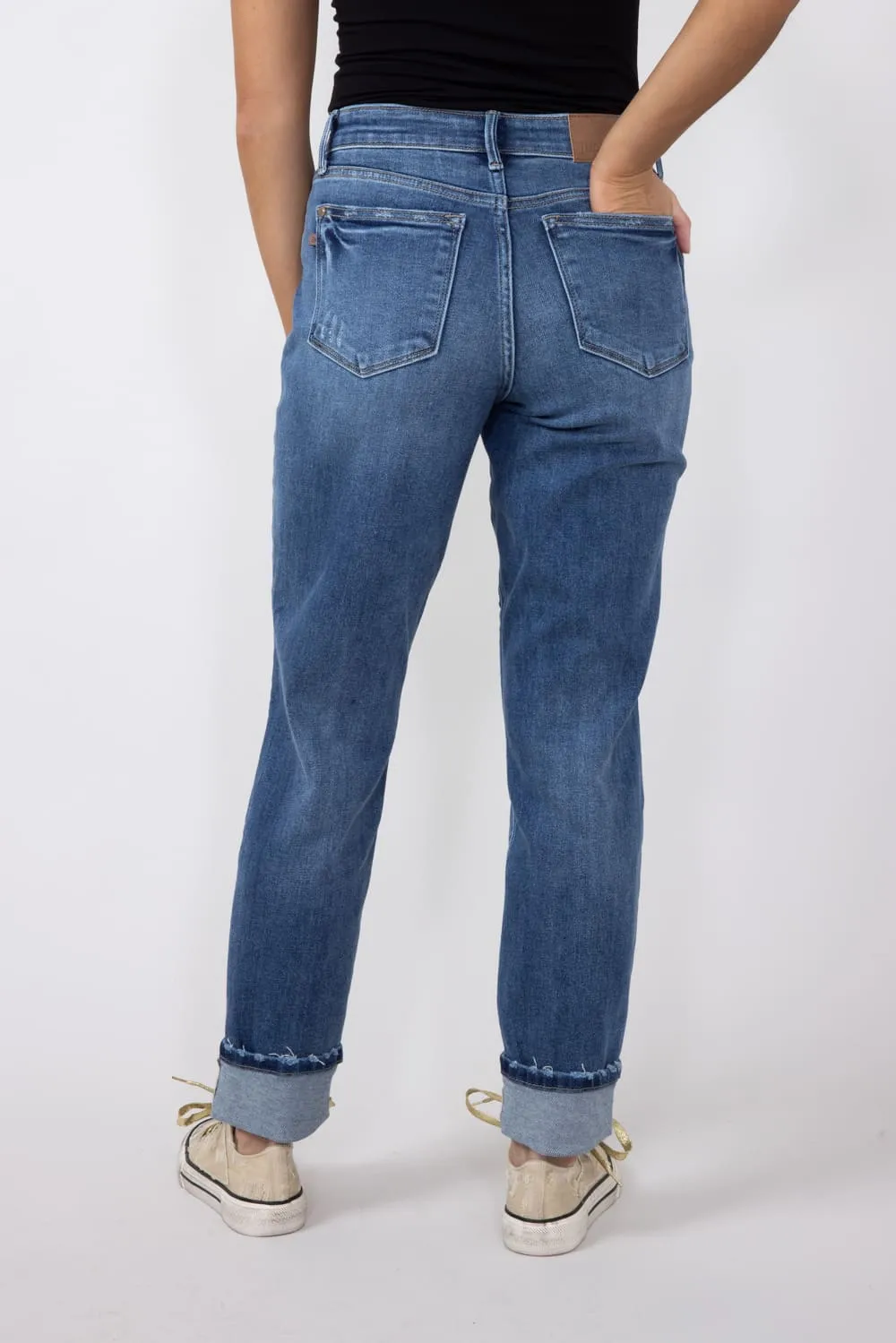 Judy Blue Mid-Rise Dark Wash Cuffed Boyfriend Jeans for Women | 82624REG
