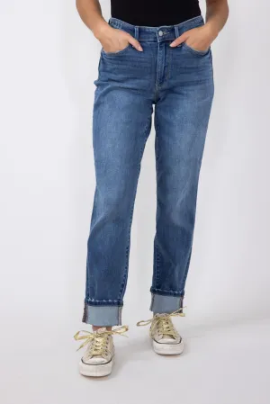 Judy Blue Mid-Rise Dark Wash Cuffed Boyfriend Jeans for Women | 82624REG