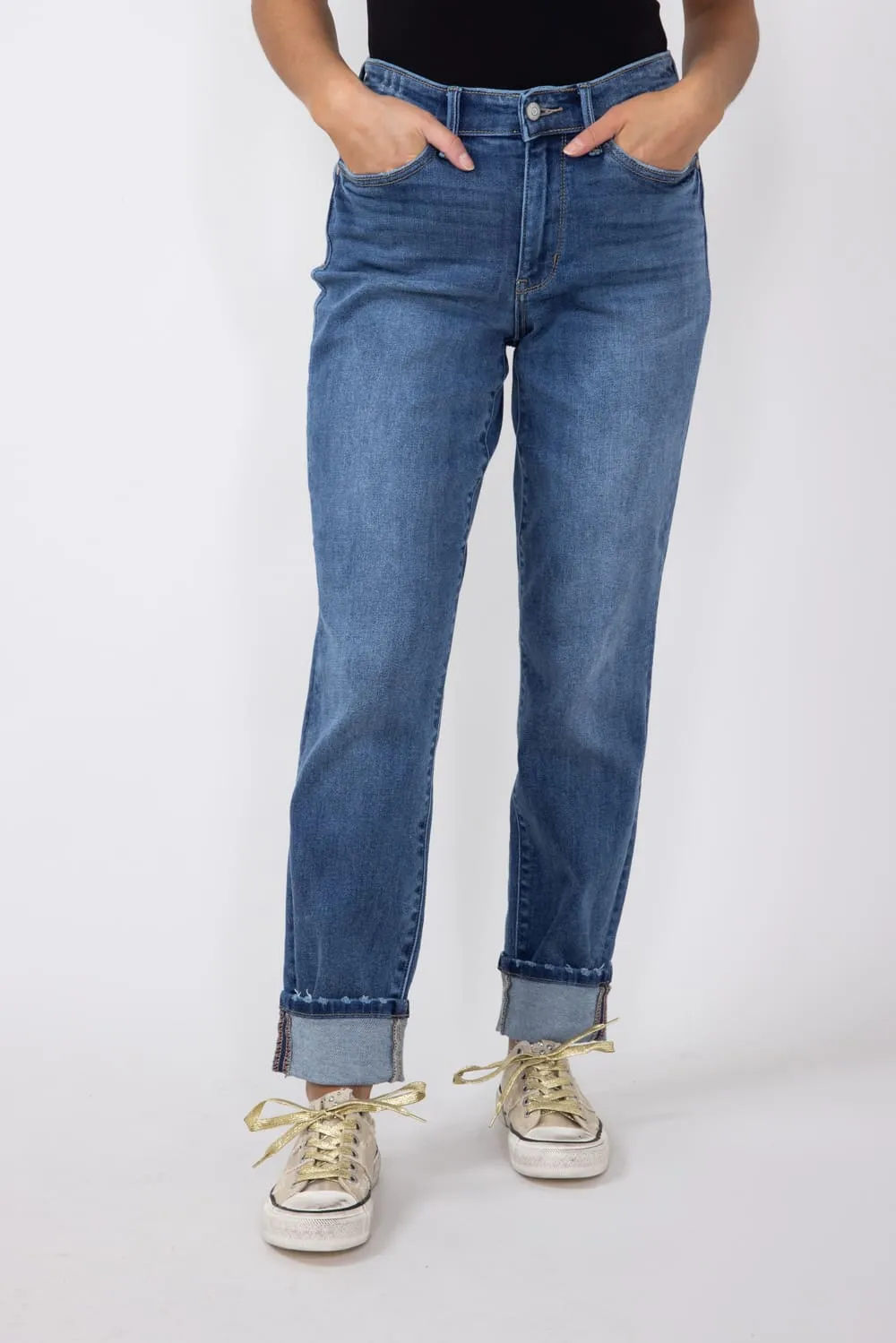 Judy Blue Mid-Rise Dark Wash Cuffed Boyfriend Jeans for Women | 82624REG