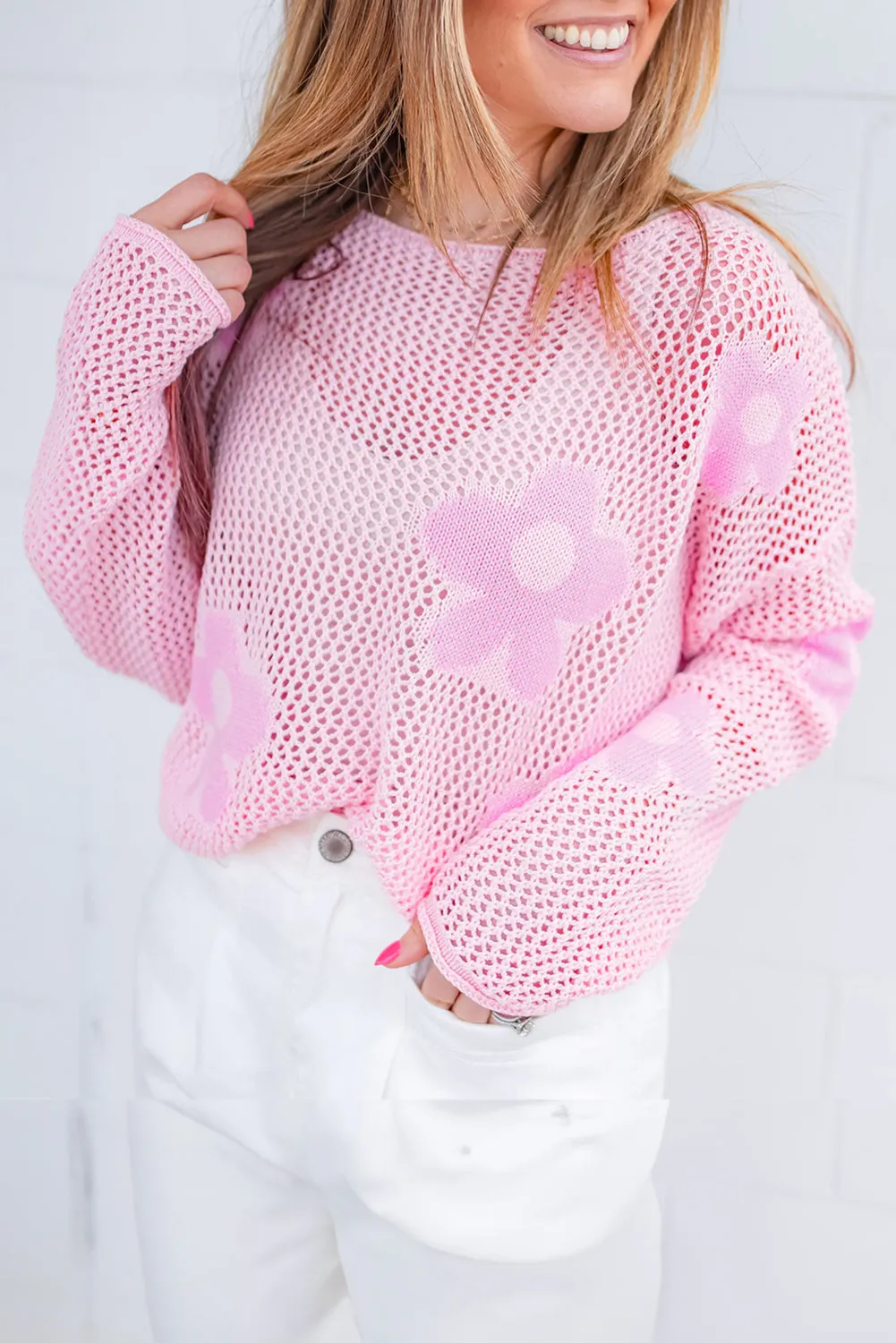 KaleaBoutique Big Flower Hollowed Knit Drop Shoulder Sweater
