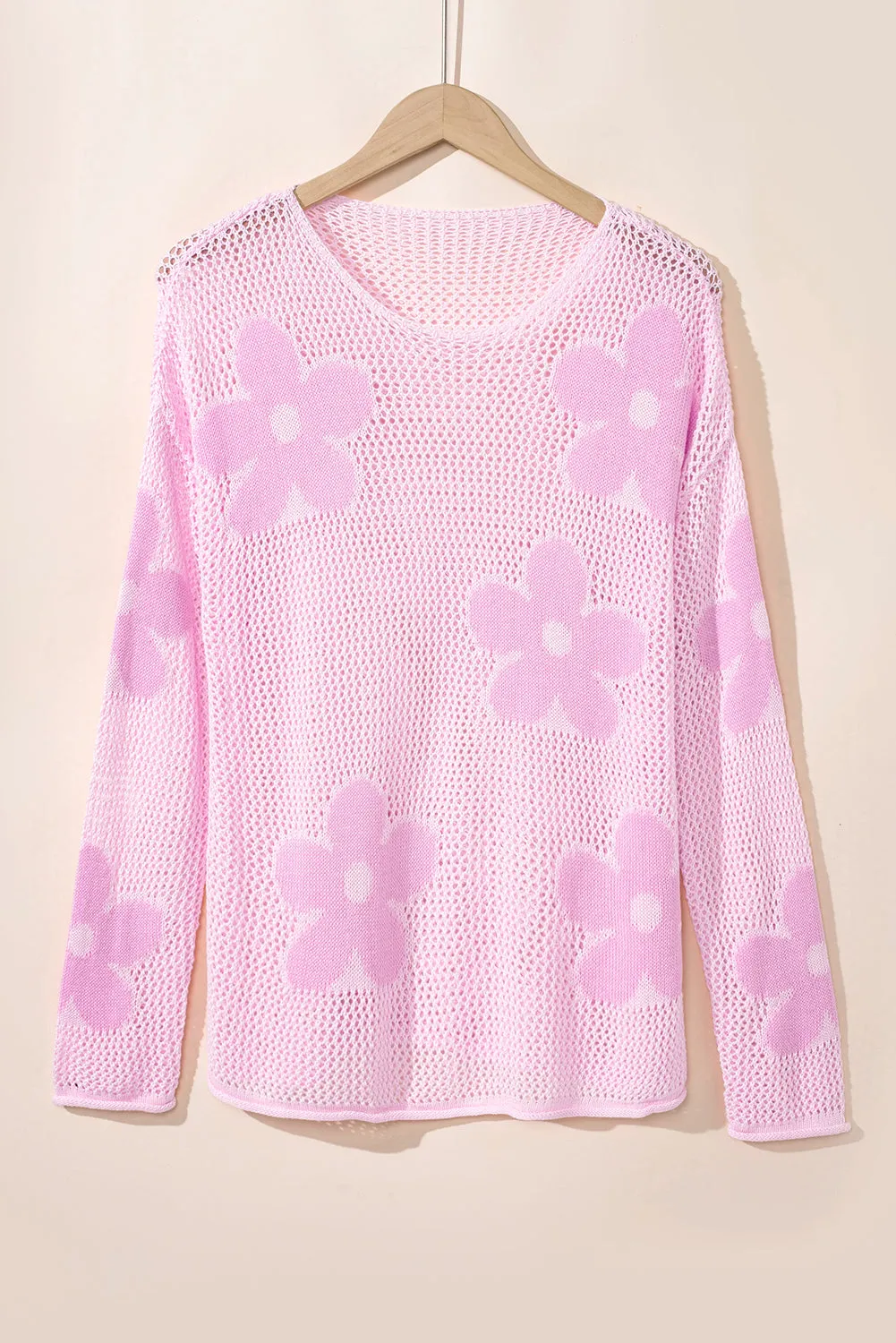 KaleaBoutique Big Flower Hollowed Knit Drop Shoulder Sweater