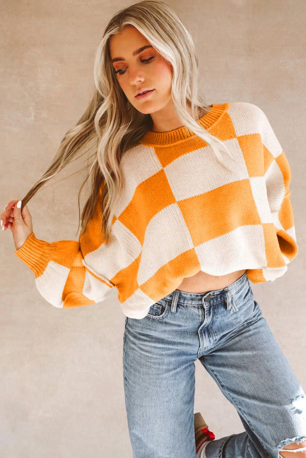 KaleaBoutique Checkered Bishop Sleeve Sweater