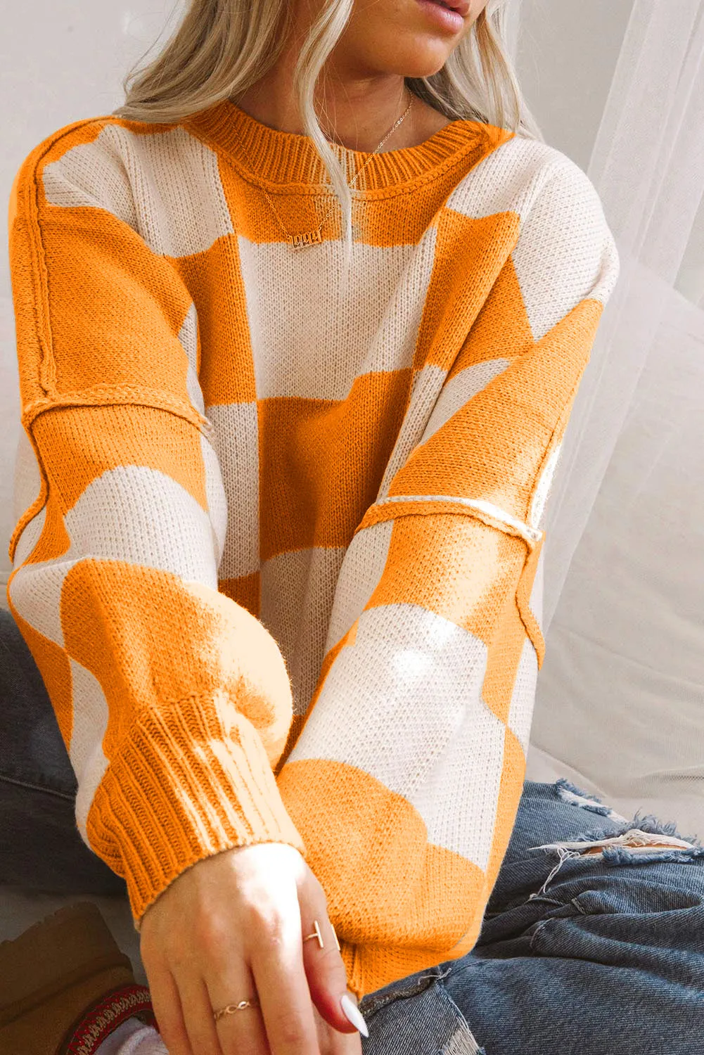 KaleaBoutique Checkered Bishop Sleeve Sweater