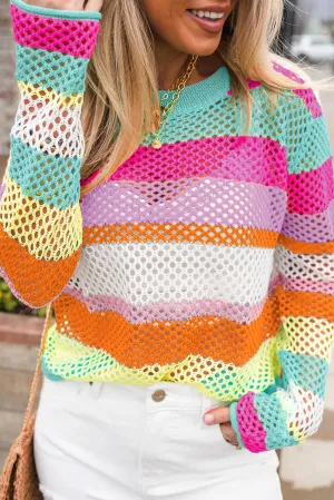 KaleaBoutique Colorblock Patchwork Knit Crochet Eyelet Sweater
