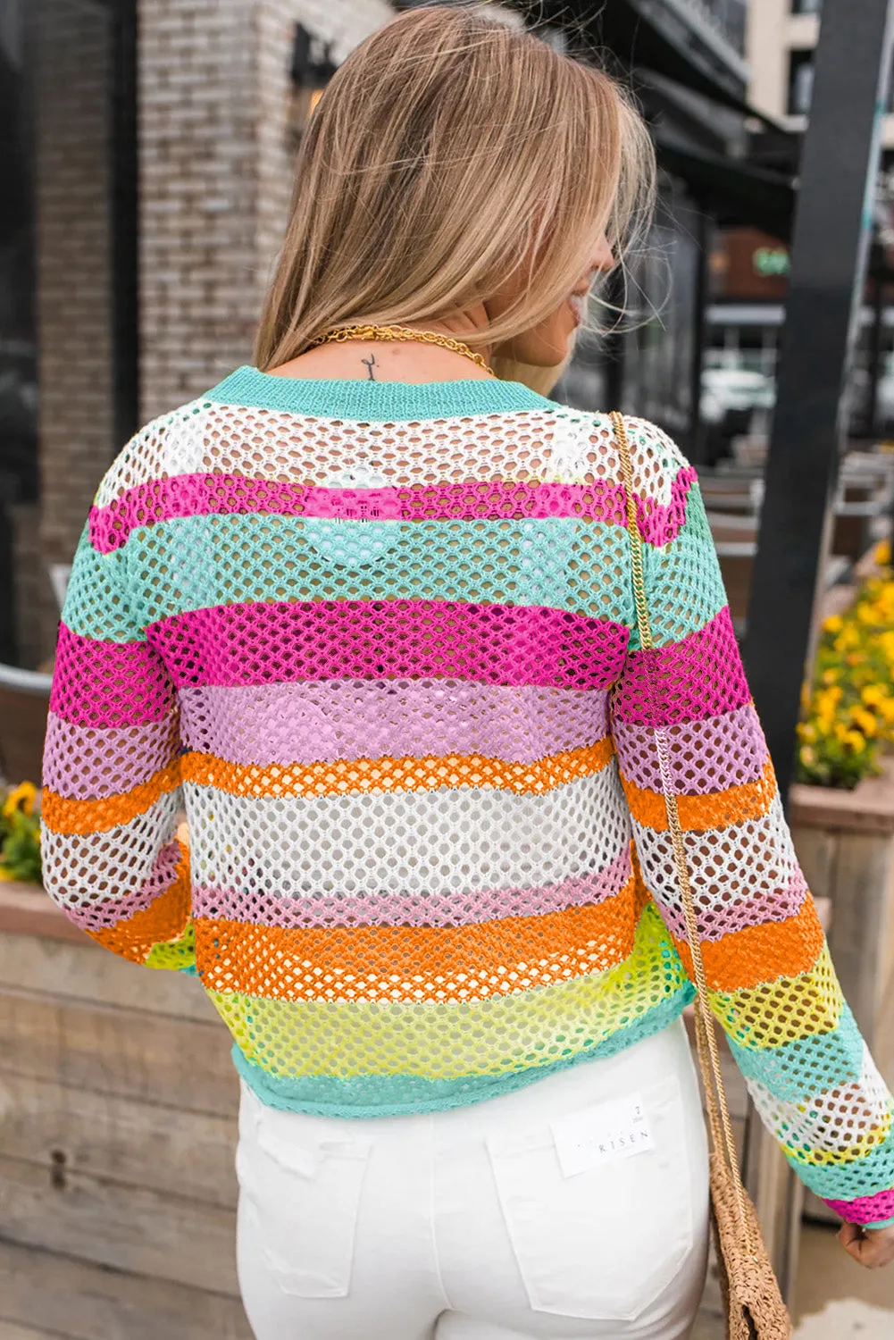 KaleaBoutique Colorblock Patchwork Knit Crochet Eyelet Sweater