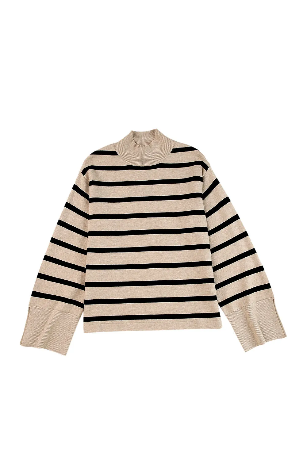 Khaki Striped Mock Neck Bell Sleeve Knit Sweater