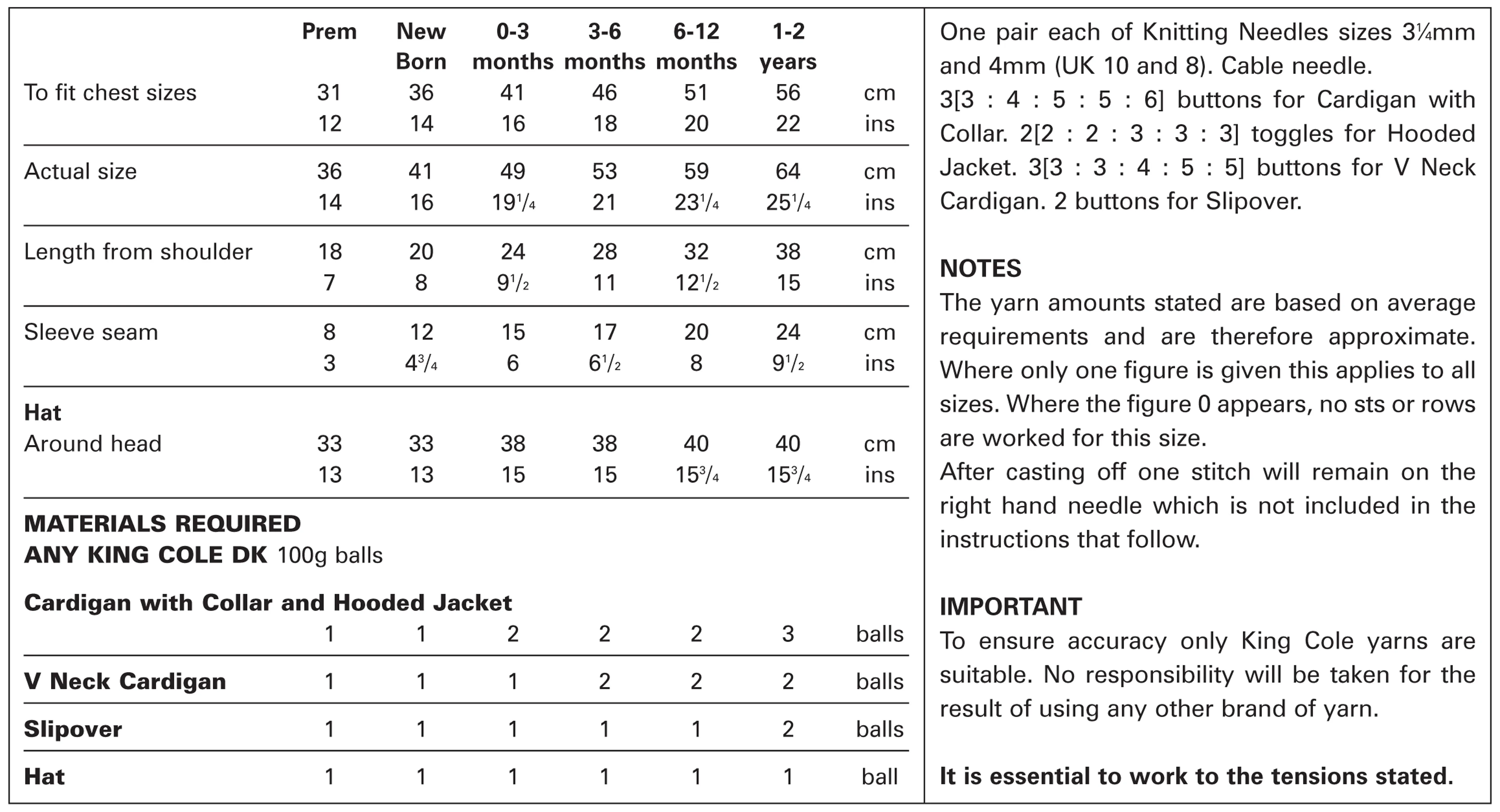King Cole 2888 Cardigans, Jacket, Slipover and Hat  Includes Prem Size