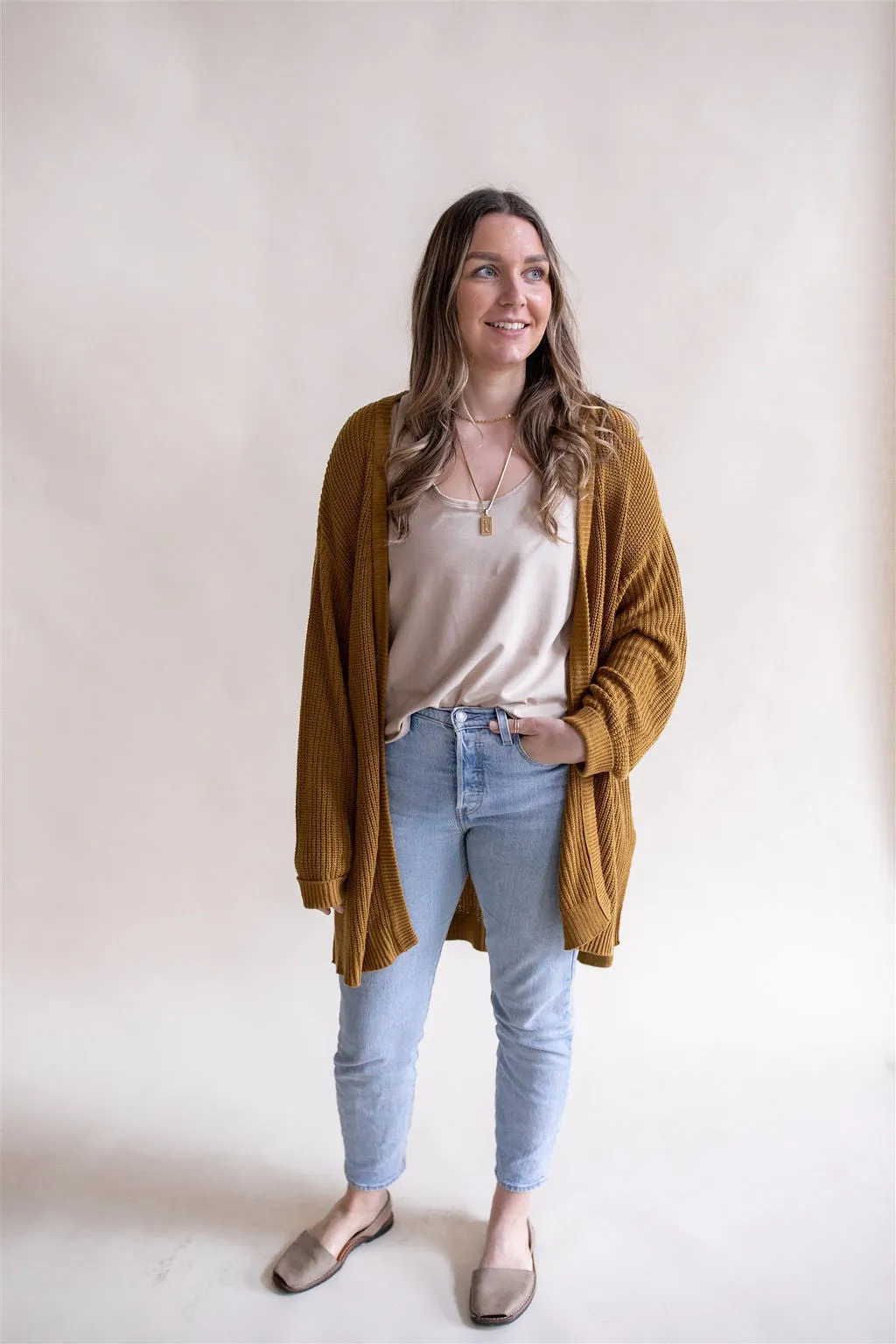 Ladies Knit Cardigan: Mustard XL/XXL