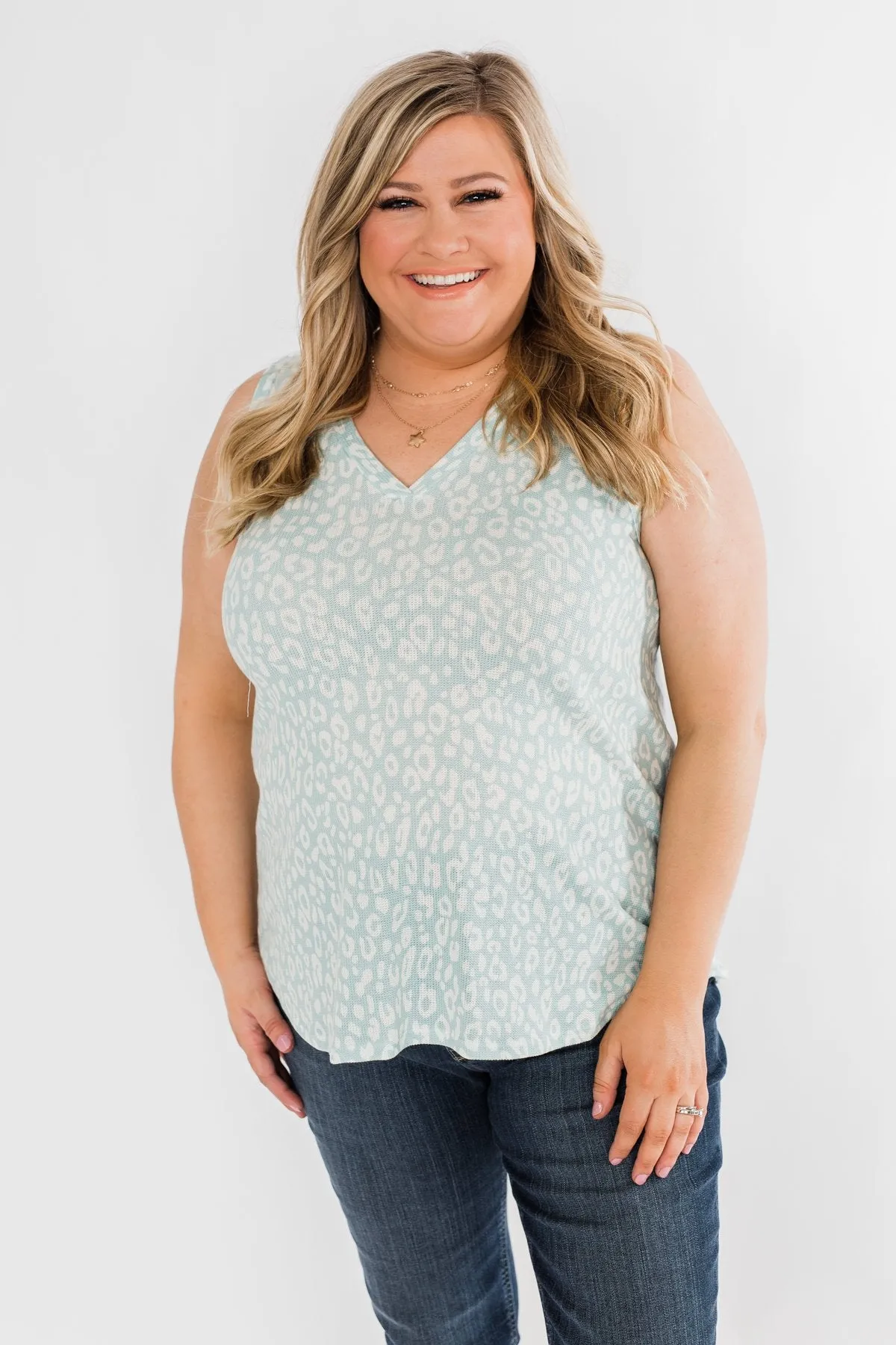 Leopard Knit Tank Top- Mint Blue & Ivory