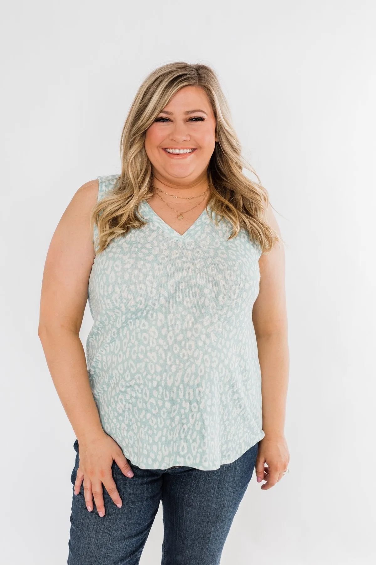 Leopard Knit Tank Top- Mint Blue & Ivory