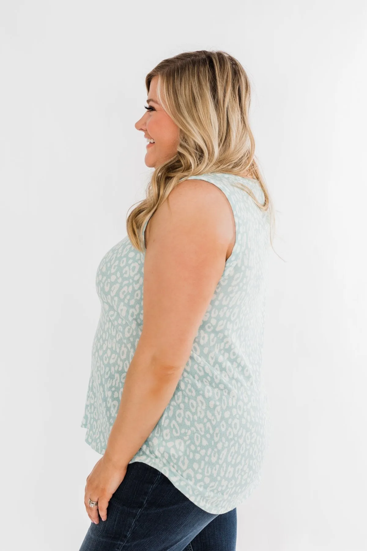 Leopard Knit Tank Top- Mint Blue & Ivory
