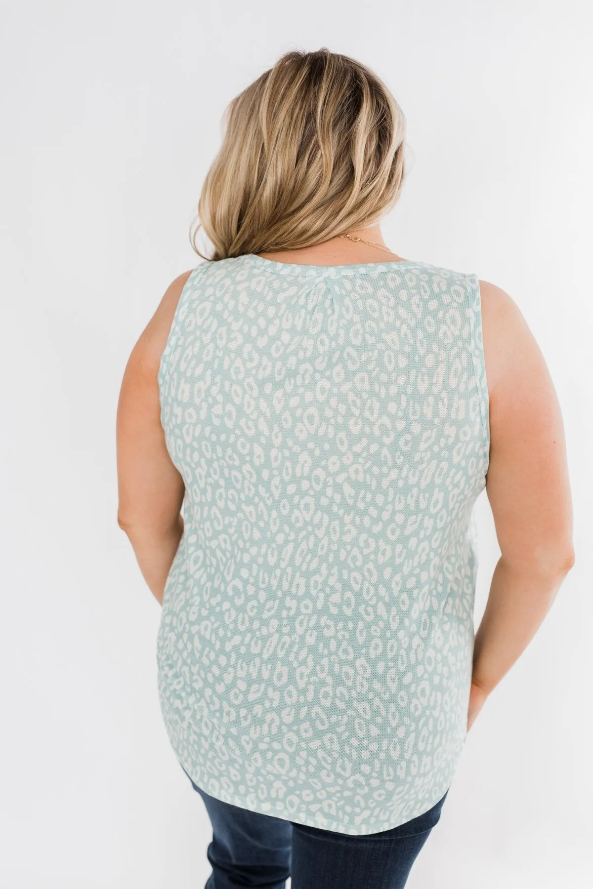 Leopard Knit Tank Top- Mint Blue & Ivory