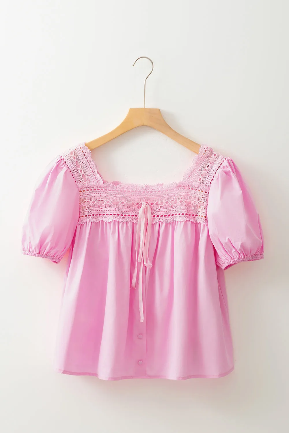 Light Pink Lace Square Neck Patchwork Puff Sleeve Blouse