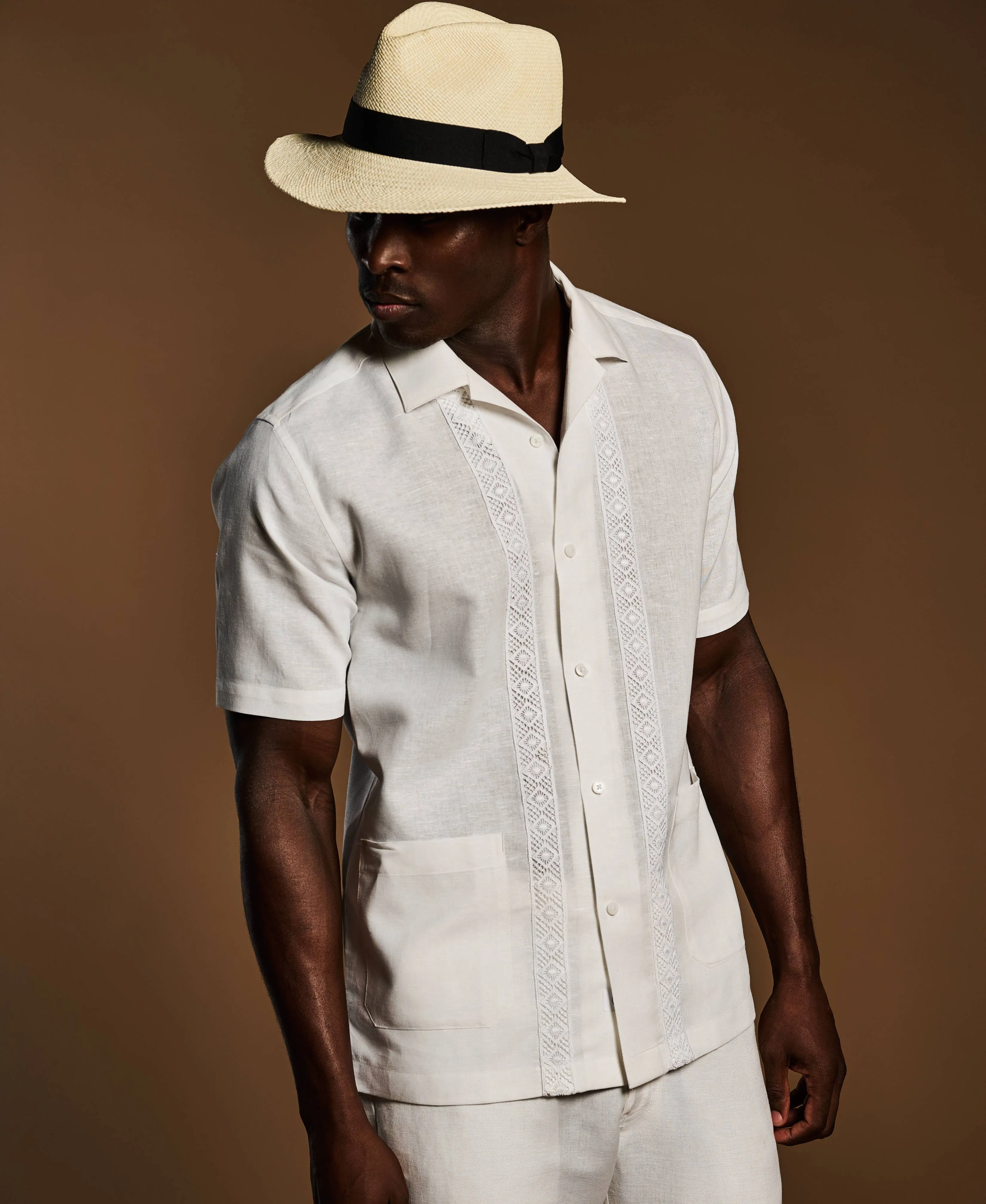 Linen-Blend Applique Panel Guayabera Shirt