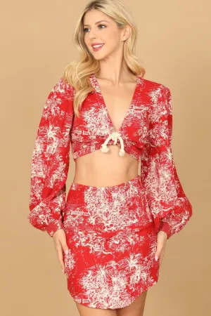 LONG PUFF SLEEVE TIE FRONT PRINTED TOP & SKIRT SET