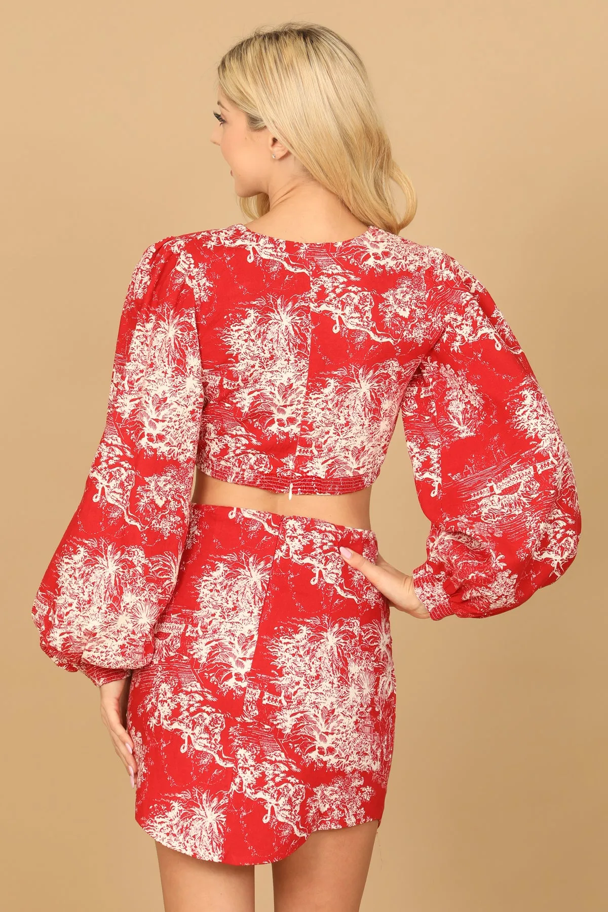 LONG PUFF SLEEVE TIE FRONT PRINTED TOP & SKIRT SET