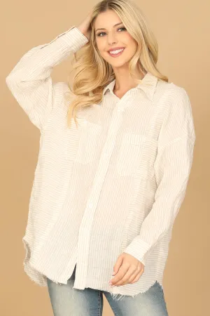 LONG SLEEVE COLLARED BUTTON DETAIL STRIPE TOP