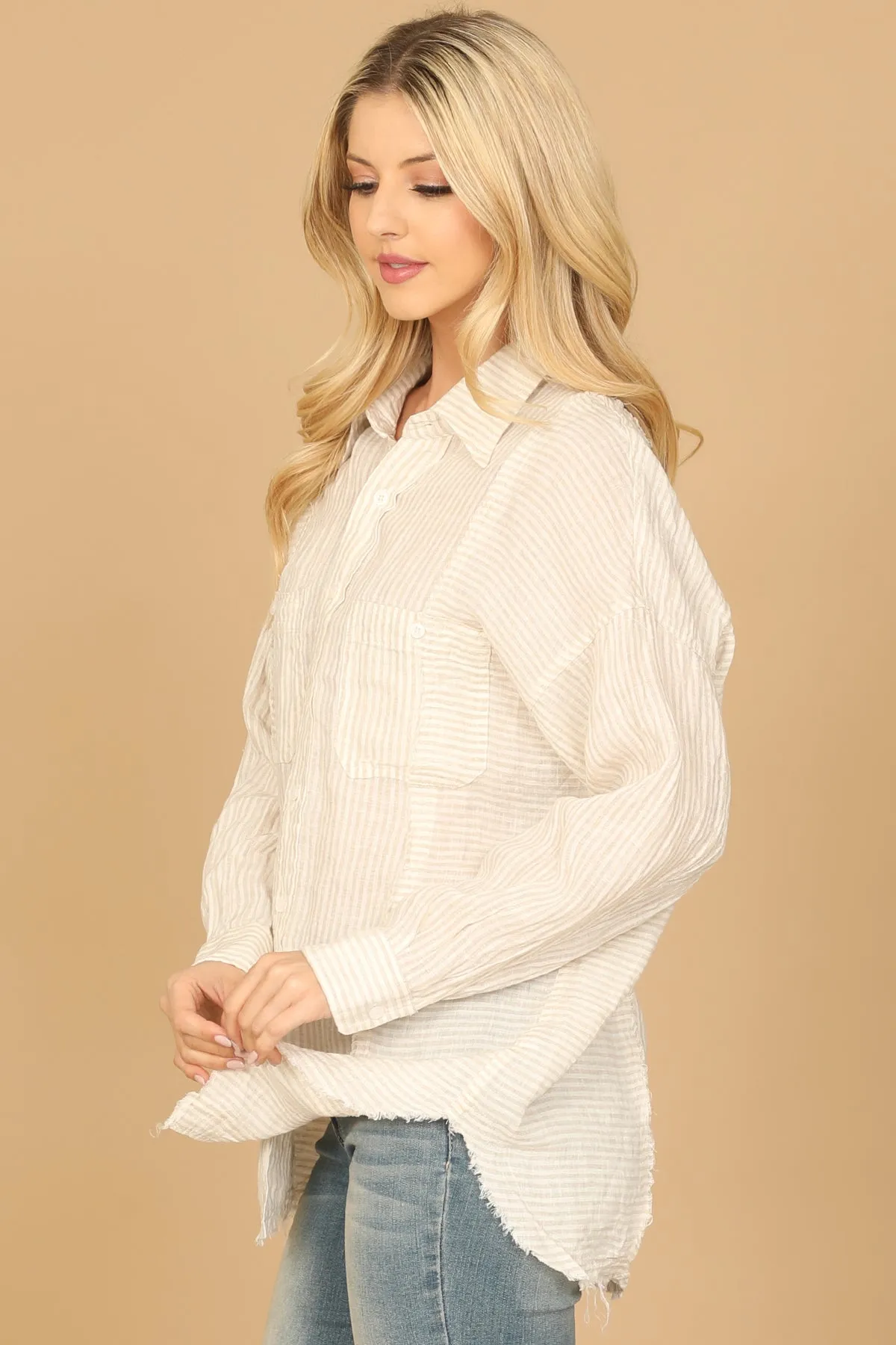 LONG SLEEVE COLLARED BUTTON DETAIL STRIPE TOP