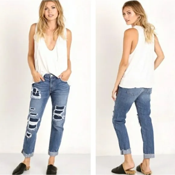Lovers &amp; Friends NWT 26 Ezra Slim Boyfriend Jeans Ankle Distressed 100% Cotton