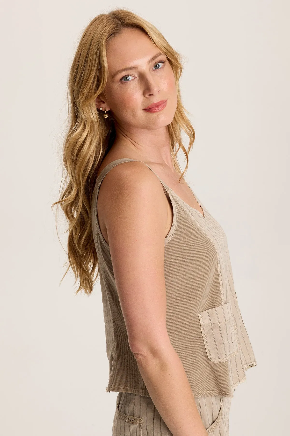 Ludora Linen Distressed Sharkbite Hem Stripe Tank