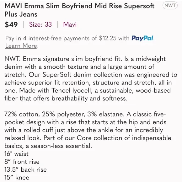 MAVI / Emma Slim Boyfriend Medium Washed Highrise Jeans Size 32