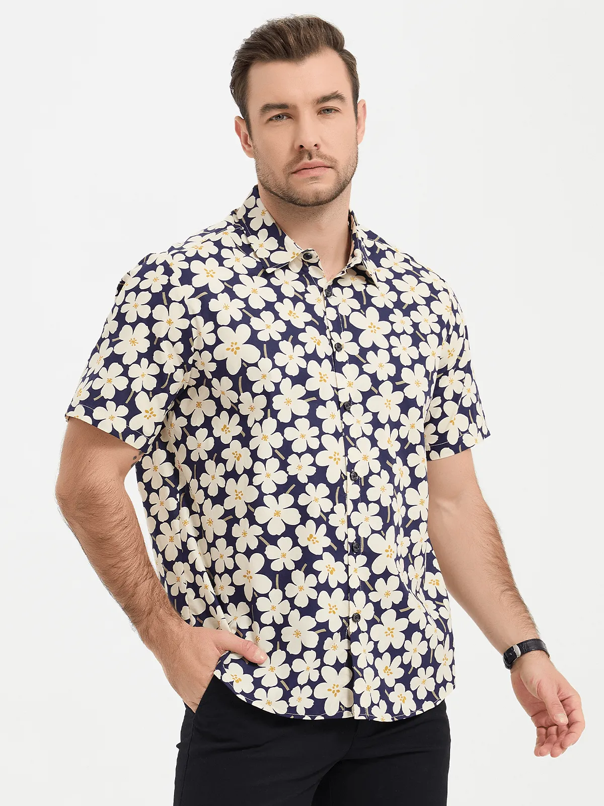 Men's Floral Print Holiday Flower Casual Short Sleeve Shirt