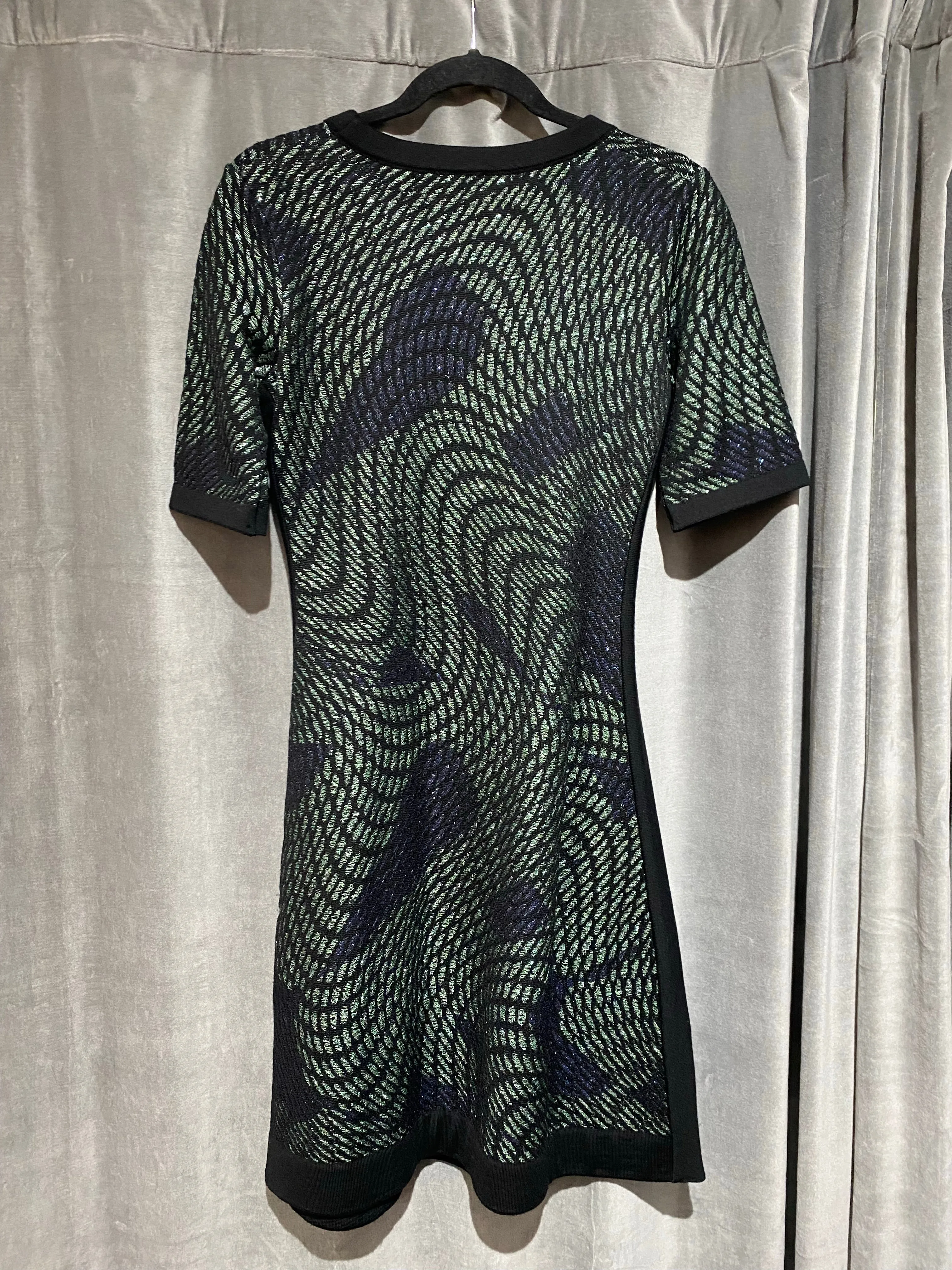 Missoni Short Sleeve Black and Shiny Green A Line Crew Neck Dress