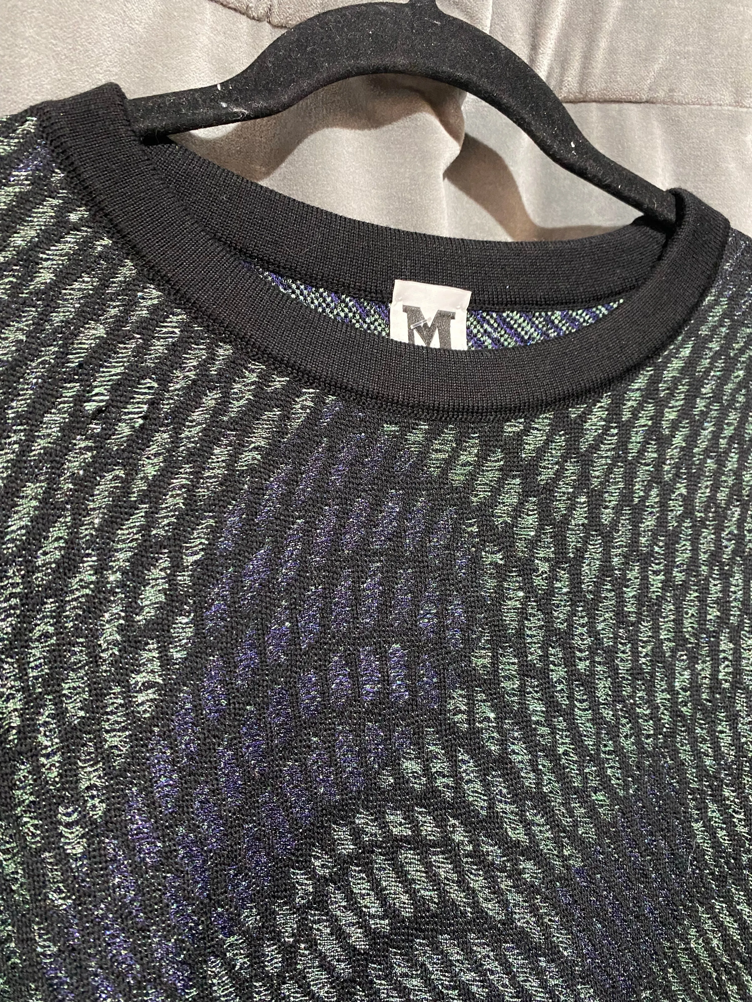 Missoni Short Sleeve Black and Shiny Green A Line Crew Neck Dress