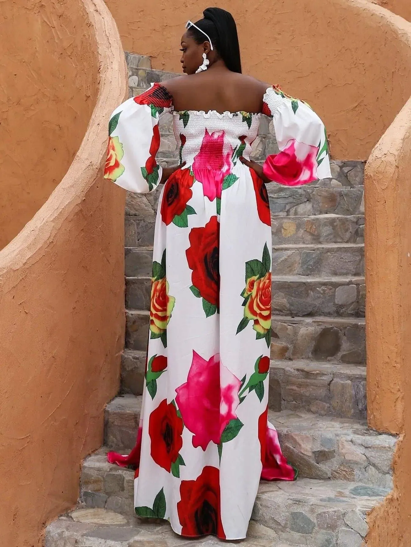 Missord Plus Floral Print Shirred Bardot Dress P0121