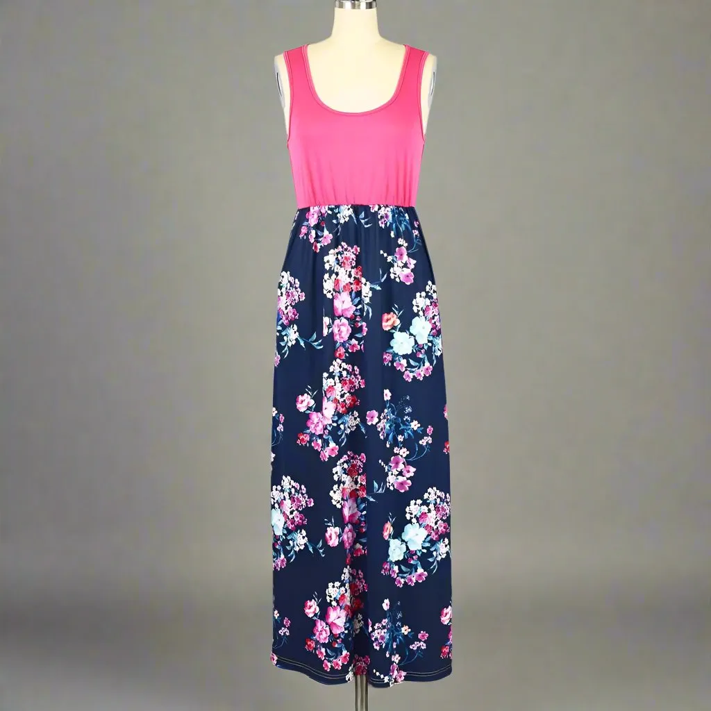 Mommy and Me Matching Pink and Navy Floral Maxi Dresses