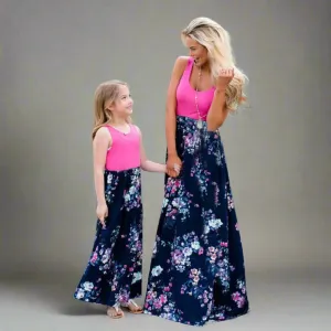 Mommy and Me Matching Pink and Navy Floral Maxi Dresses