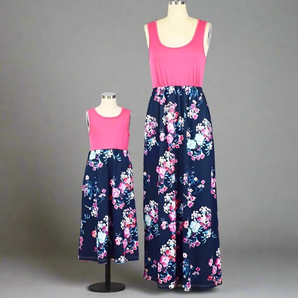 Mommy and Me Matching Pink and Navy Floral Maxi Dresses