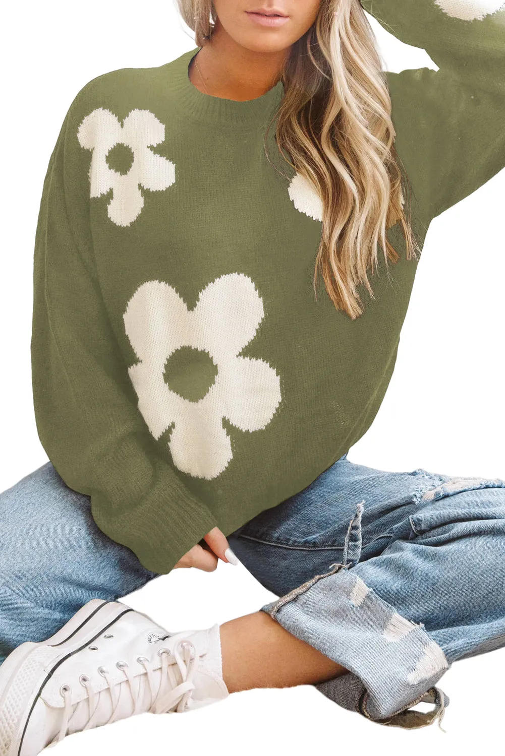 Multicolor Big Flower Pattern Knit Sweater