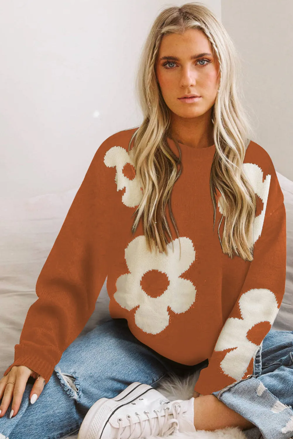 Multicolor Big Flower Pattern Knit Sweater