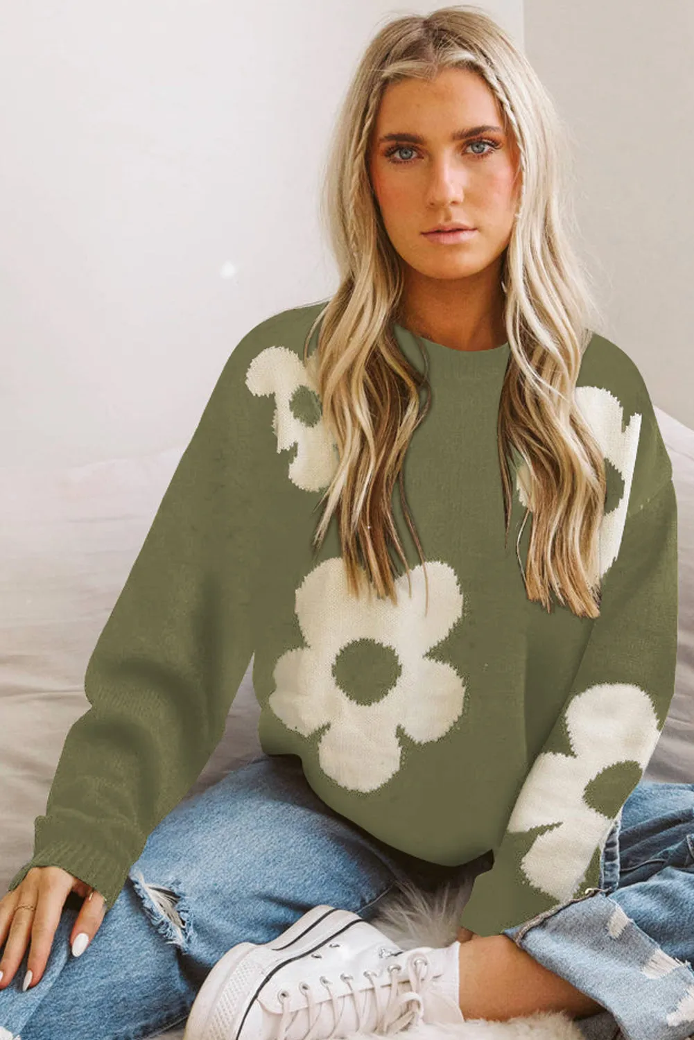 Multicolor Big Flower Pattern Knit Sweater