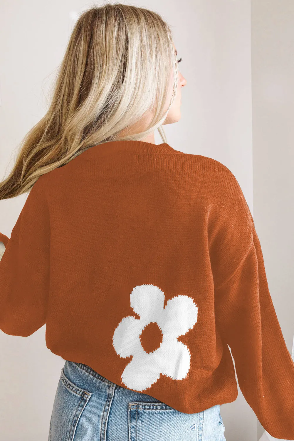 Multicolor Big Flower Pattern Knit Sweater