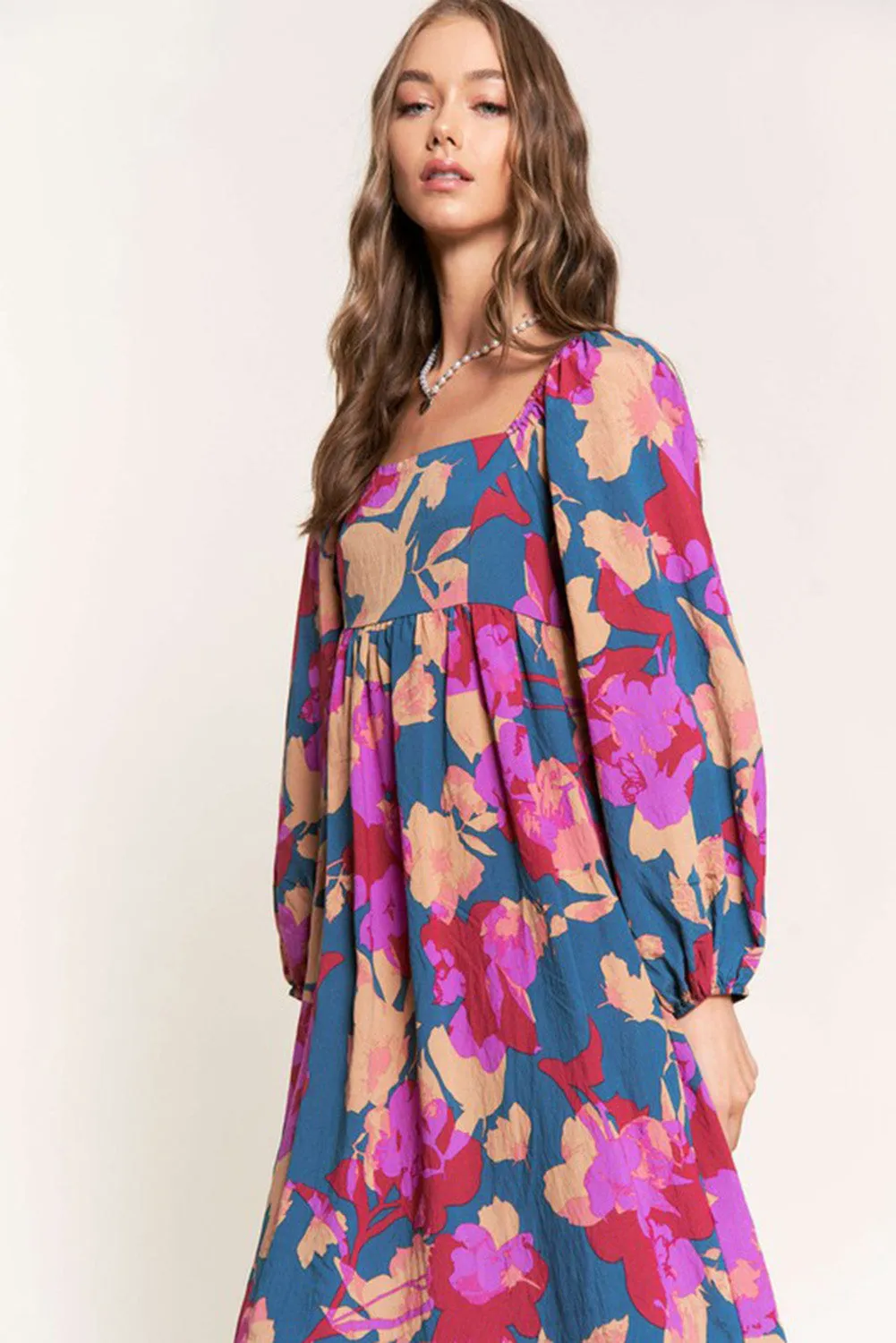 Multicolor Square Neck High Waist Ruffled Floral Dress